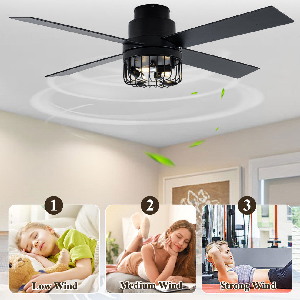 52 " Modern Flush Mount Ceiling Fan 6-speed with Light Kit and Remote Control, Black, 52"