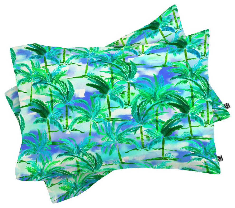 Deny Designs Amy Sia Palm Tree Blue Green Pillow Shams, Queen