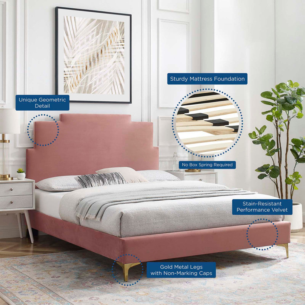 Platform Bed Frame, King Size, Velvet, Pink, Modern Contemporary, Bedroom Master