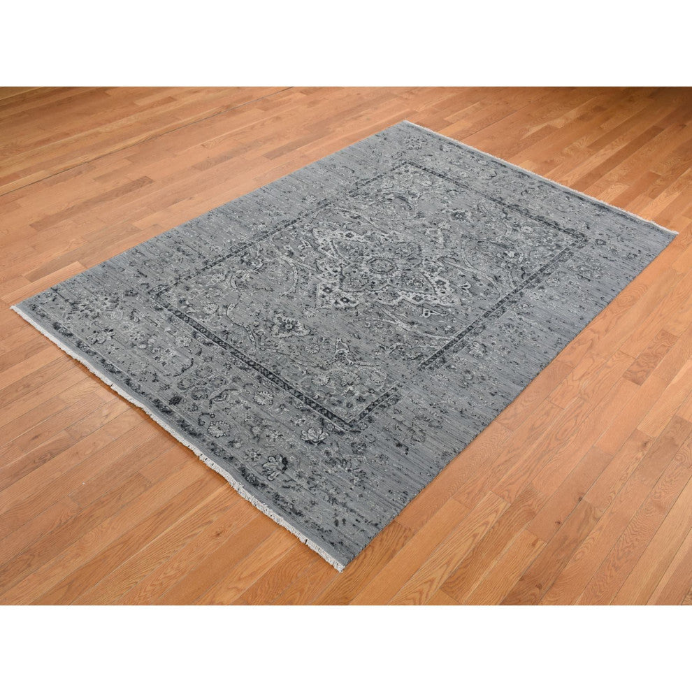 Gray, Broken Persian Erased Design, Silk With Wool Hand Knotted Rug, 6'x9'