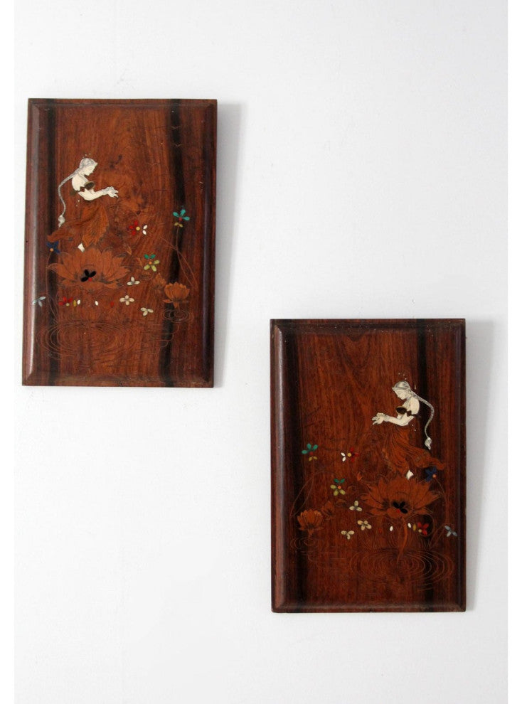 Consigned, Vintage Floral Goddess Etched Wood Plaque Wall Hanging Pair