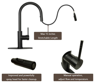 Akicon™ Copper Pull Out Kitchen Faucet With Deck Plate, Single Level Solid Brass, Matte Black
