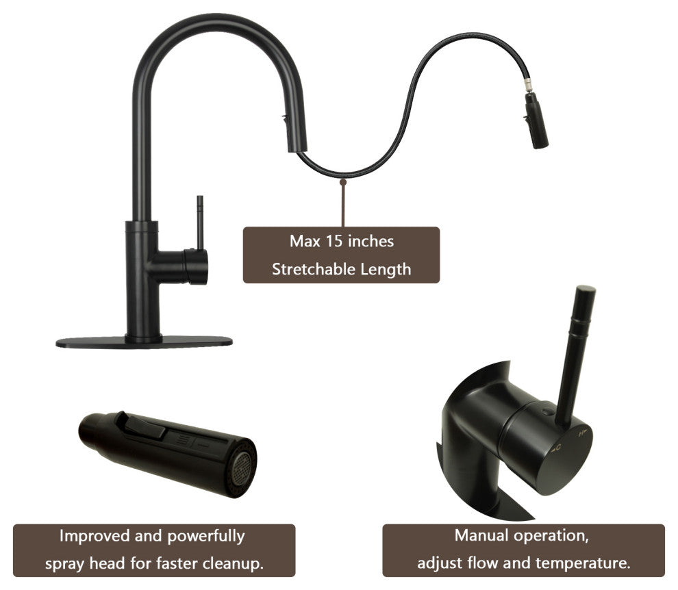 Akicon™ Copper Pull Out Kitchen Faucet With Deck Plate, Single Level Solid Brass, Matte Black