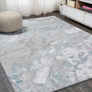 Swirl Marbled Abstract Area Rug, Gray/Turquoise, 3 X 5
