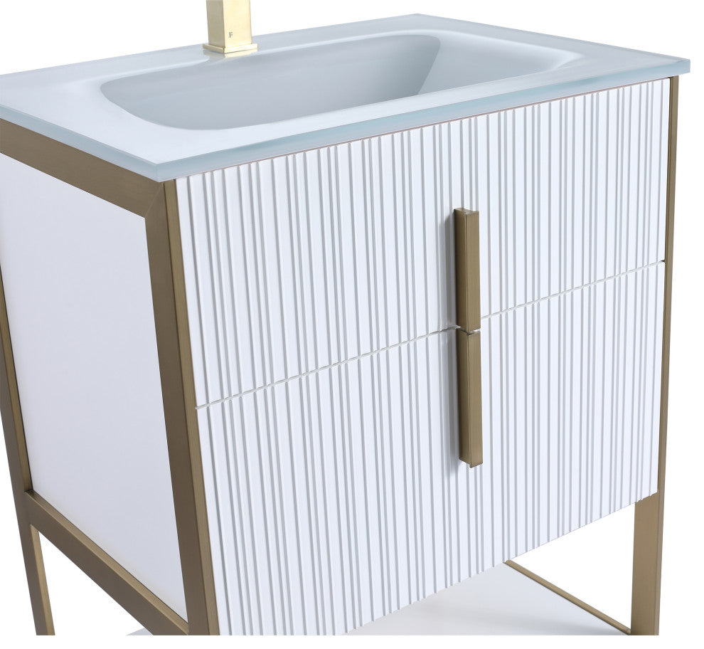 Serenity Bath Vanity, White Matte, Brass, White Glass Sink Top, 1-Hole