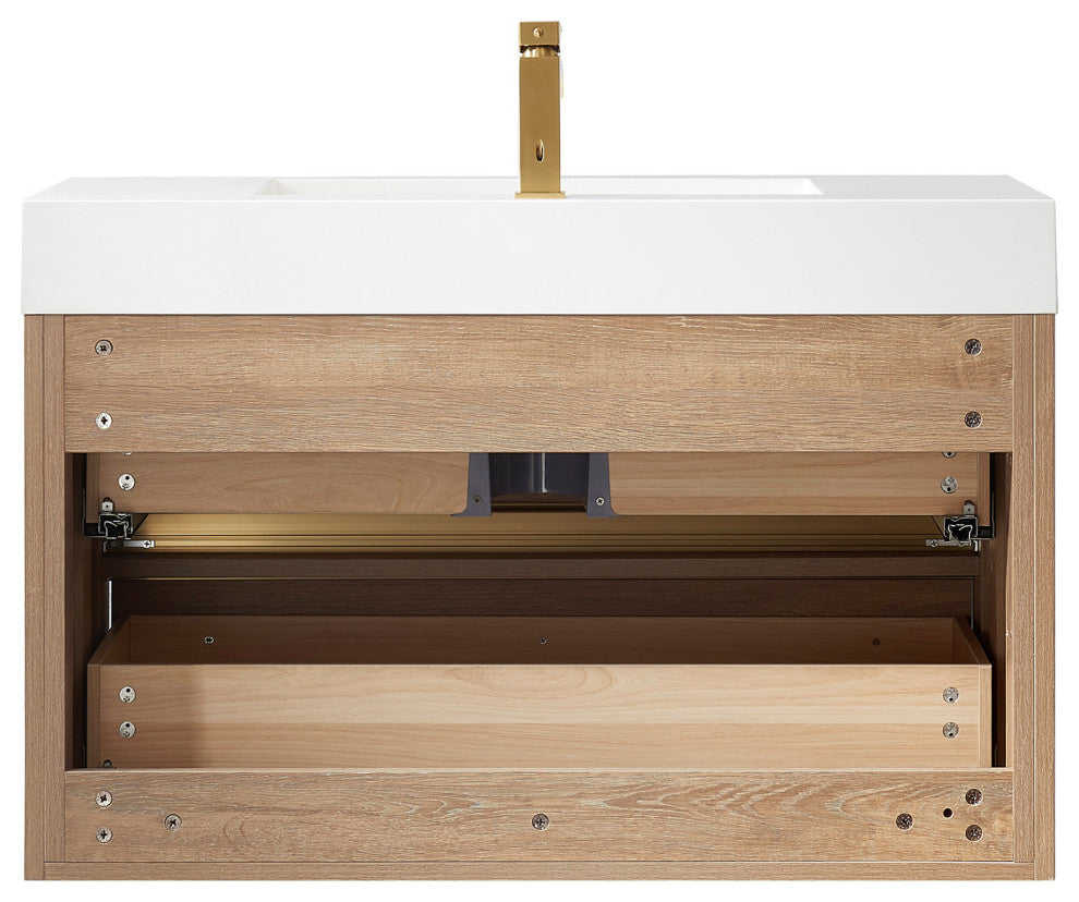 Palencia Floating Bath Vanity With Composite Stone Top, North American Oak, 36", No Mirror