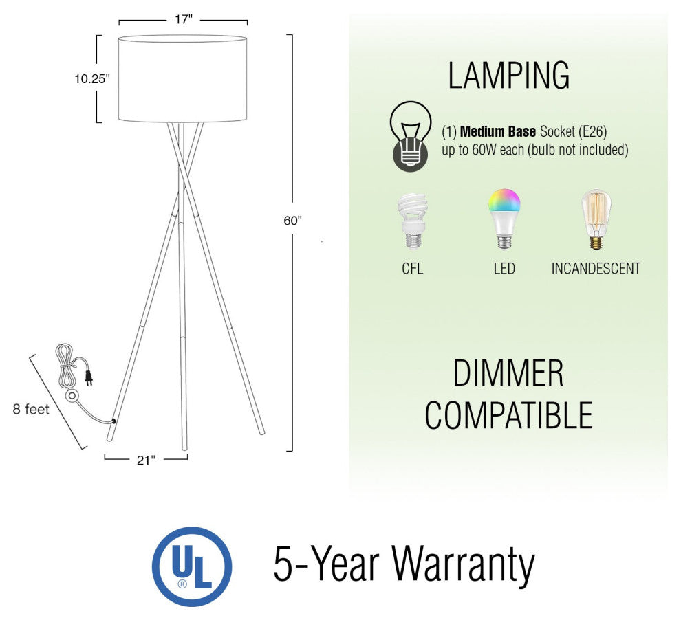Kira Home Sadie 60" Tripod LED Floor Lamp, 9W bulb (/), Honey Beige Drum Shade