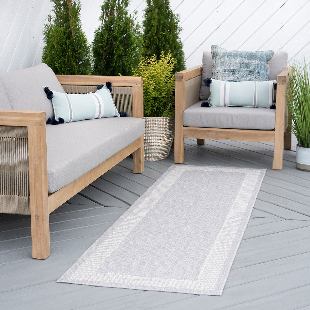 Elgin Transitional Striped Border Gray/Cream Indoor/Outdoor Runner Rug, 2'x7'