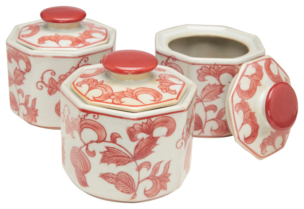 Red and White Octagon Jars, Set/3