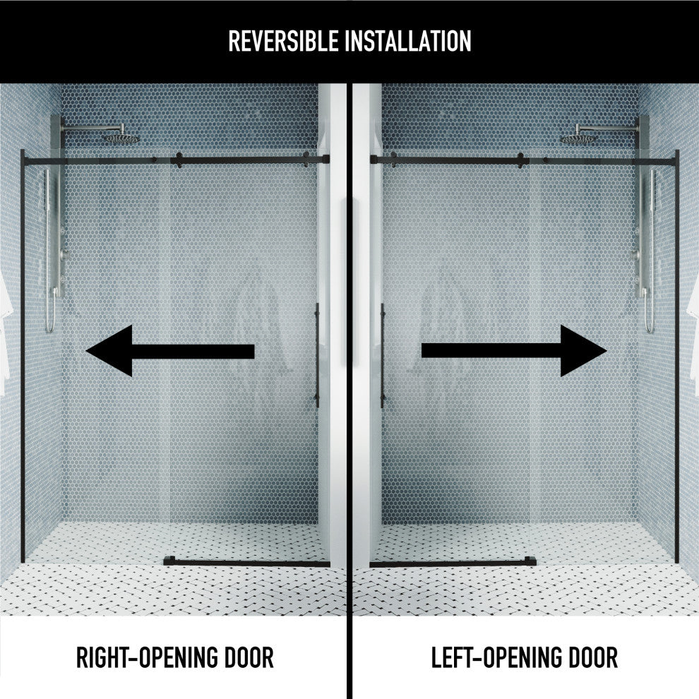 VIGO Luca 56" to 60" W x 79" H Frameless Sliding Shower Door, Matte Black, Clear Glass