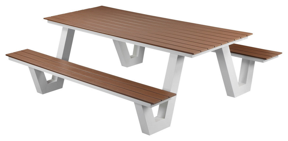 Benzara BM287777 Picnic Table, Rich Brown Polyresin Slats, Aluminum Frame