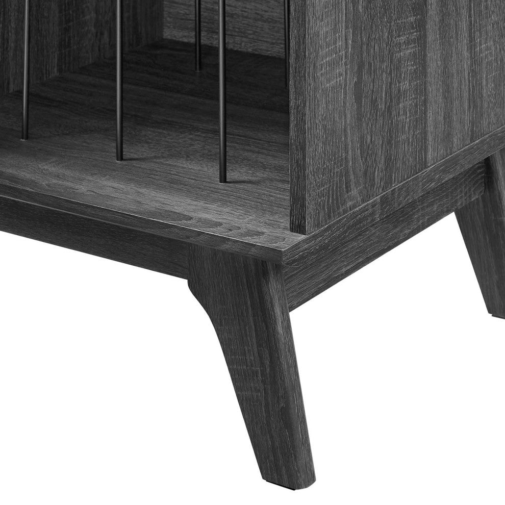 Vinyl Record Side Table Cabinet Stand, Charcoal Gray, Wood, Mid Century
