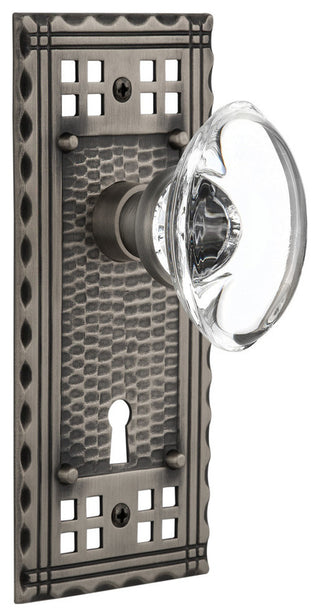 Craftsman Plate With Oval Clear Crystal Knob, Antique Pewter