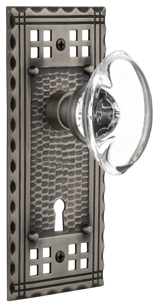 Craftsman Plate With Oval Clear Crystal Knob, Antique Pewter