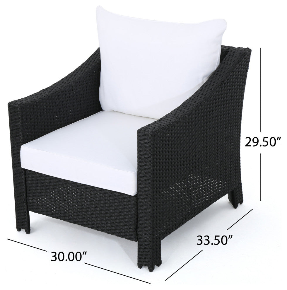 GDF Studio Dione Outdoor Black Wicker Club Chairs With White Cushions, Set of 2