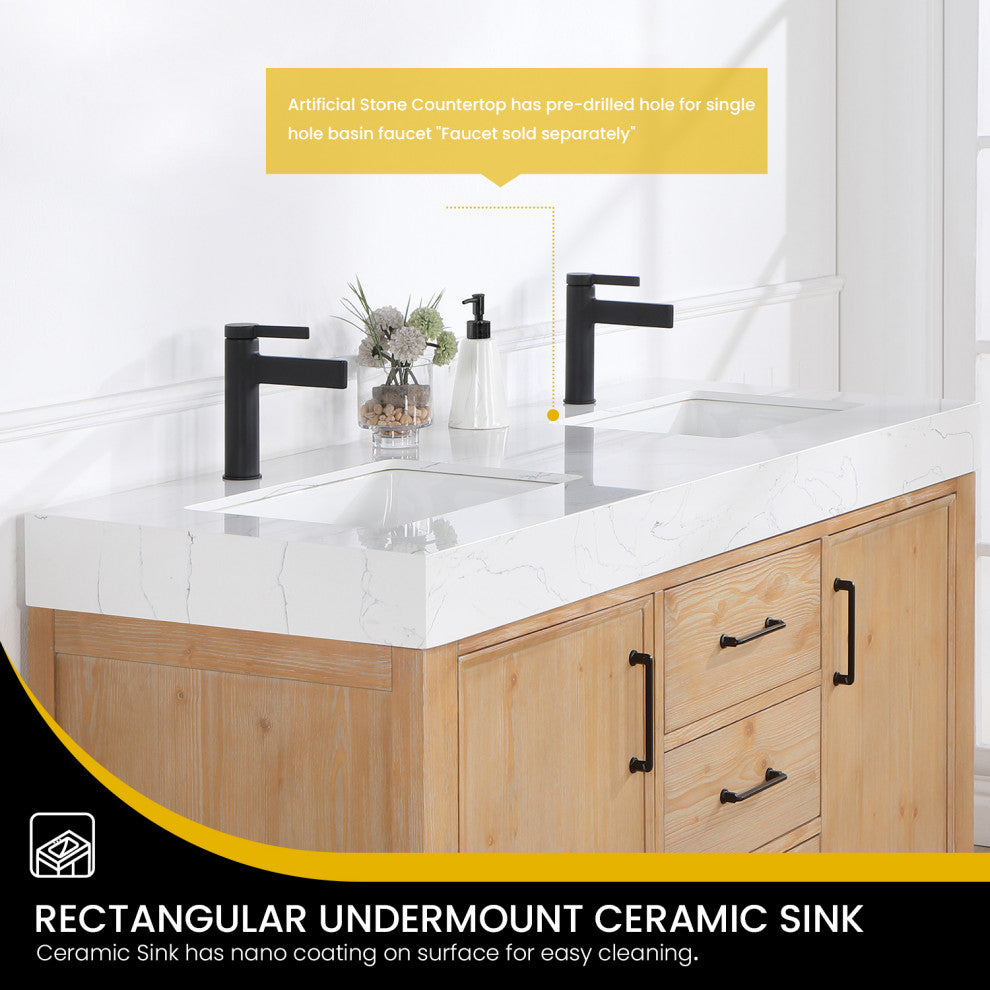 Leon Bath Vanity With Composite Stone Top, Fir Wood Brown, 60" Double Sink, No Mirror
