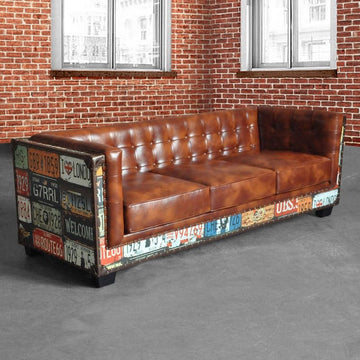 Vintage Industrial Loft 3-Seater Sofa Tufted Brown Faux Leather Upholstered Sofa