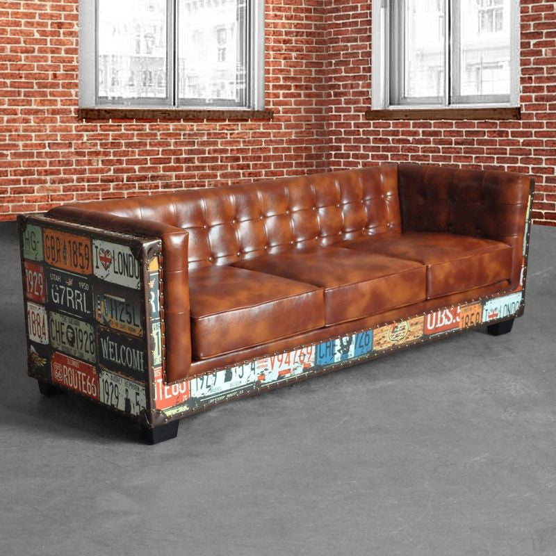 Vintage Industrial Loft 3-Seater Sofa Tufted Brown Faux Leather Upholstered Sofa