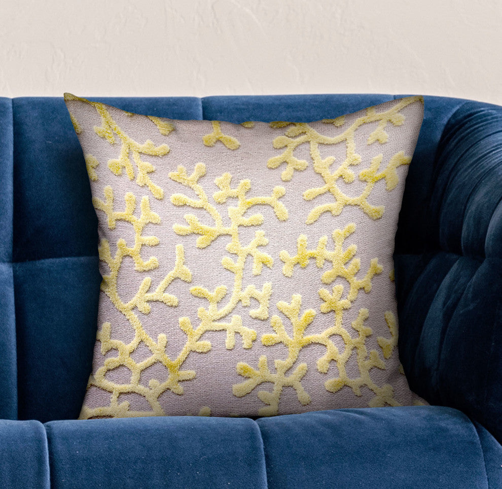 Plutus Lemon Reef Yellow, Cream Floral Luxury Throw Pillow, 20"x36" King