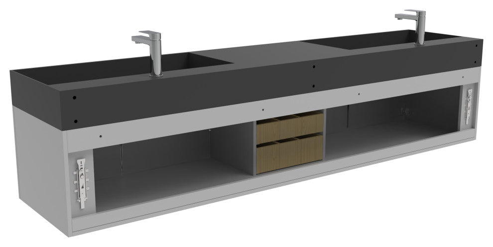 CastelloUSA Amazon 84" Wall Mounted Bathroom Vanity Set, Gray, Black Top, Brushed Nickel