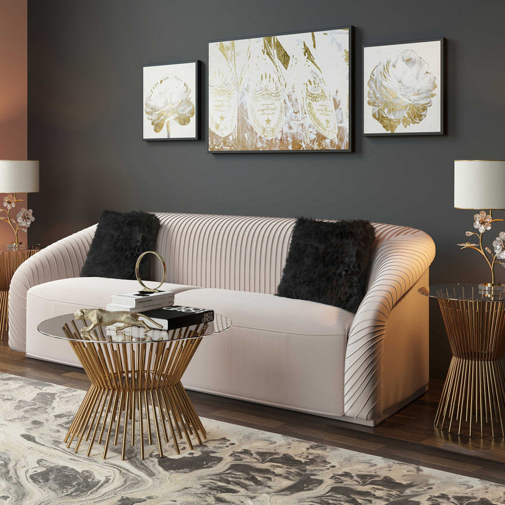 Gold Wire Coffee Table, 33" Round Glass Top Coffee Table, Glam Cocktail Table