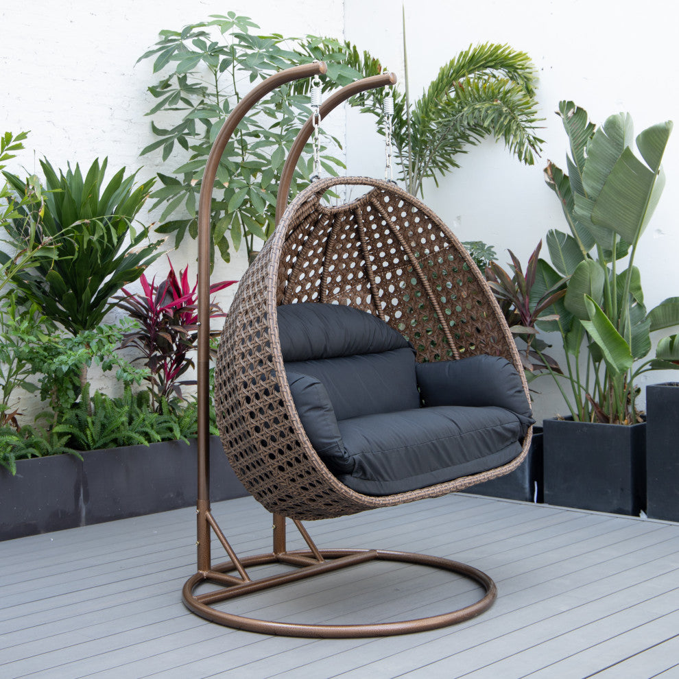 LeisureMod Mendoza Dark Brown Wicker Hanging Double Egg Swing Chair, Black