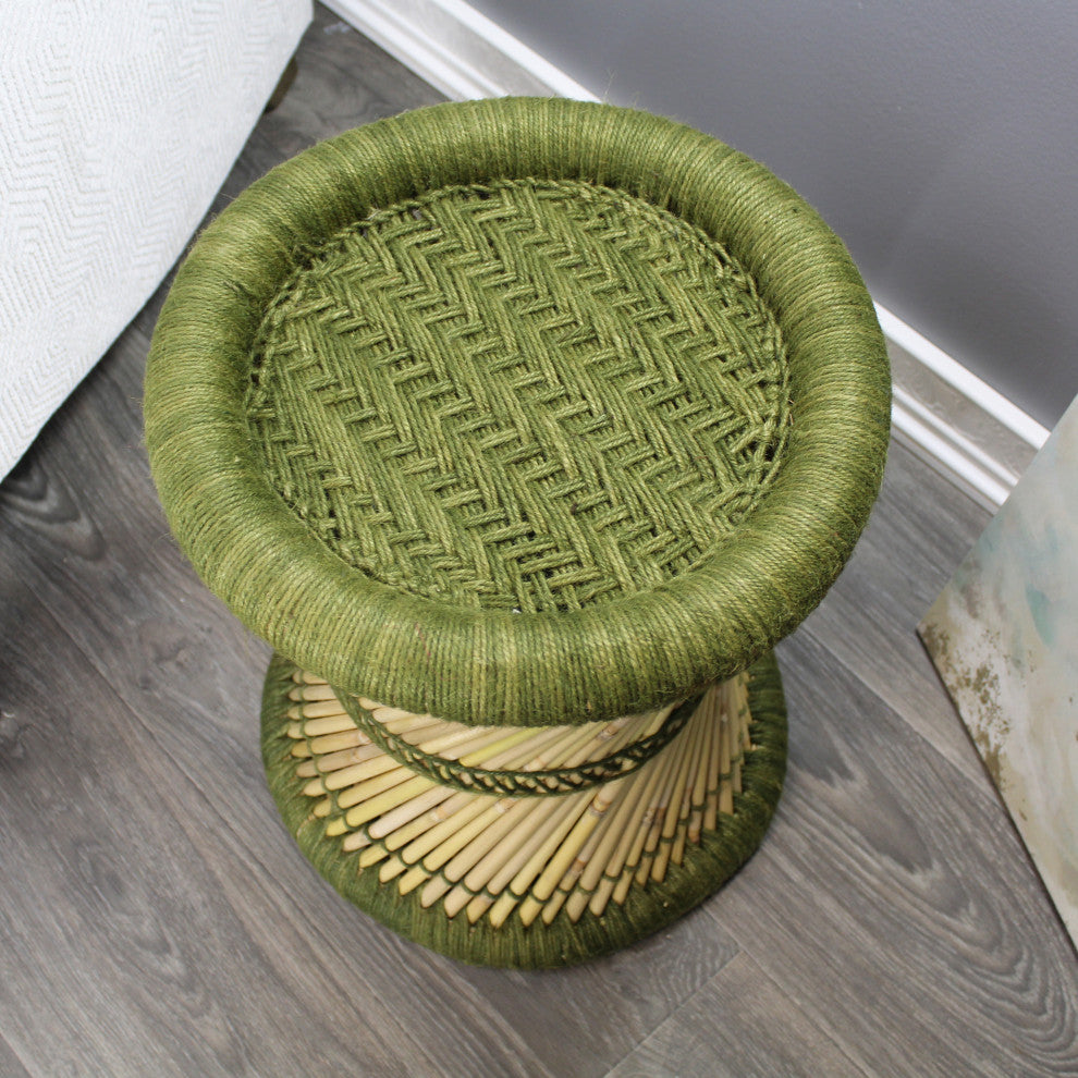 Natural Geo Moray Decorative Handwoven Jute Accent Stool, Navy Green