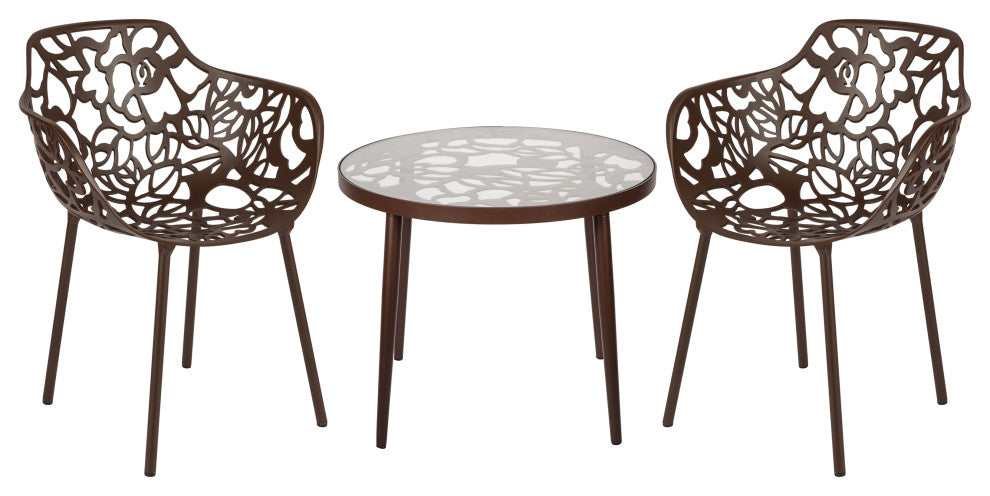 LeisureMod Devon Aluminum Patio Dining Set With Table and 2 Armchairs, Brown