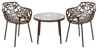 LeisureMod Devon Aluminum Patio Dining Set With Table and 2 Armchairs, Brown