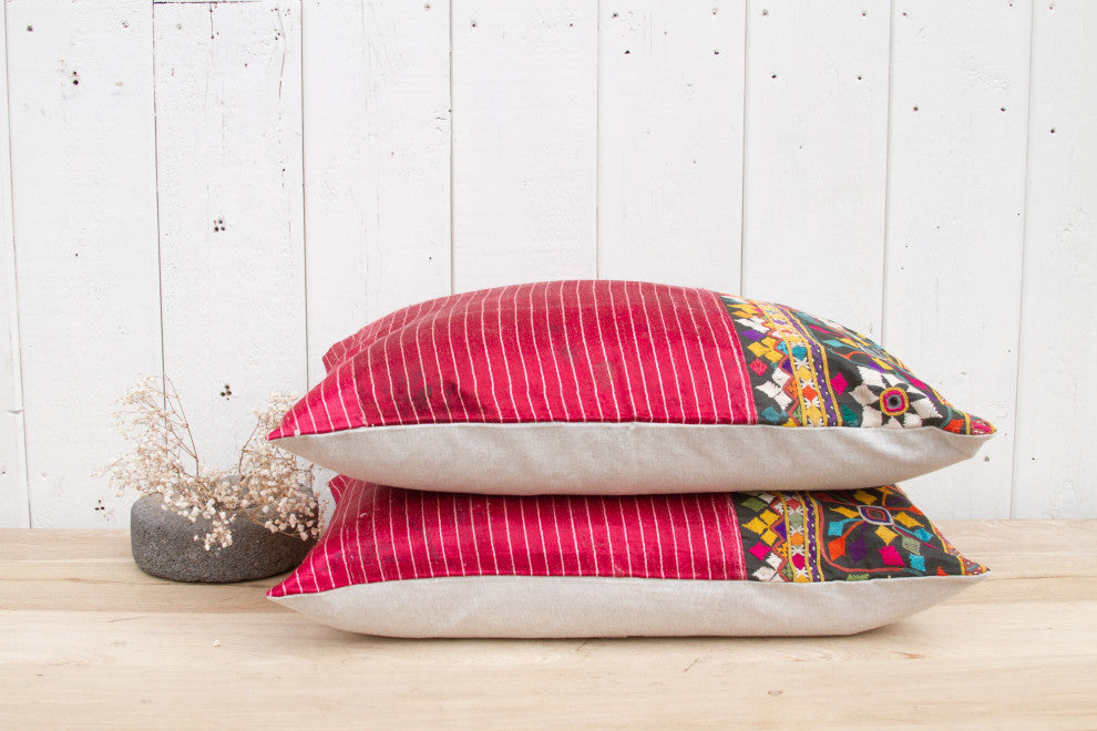 Set of Two Antique Mashru Tribal Lumbar Pillows