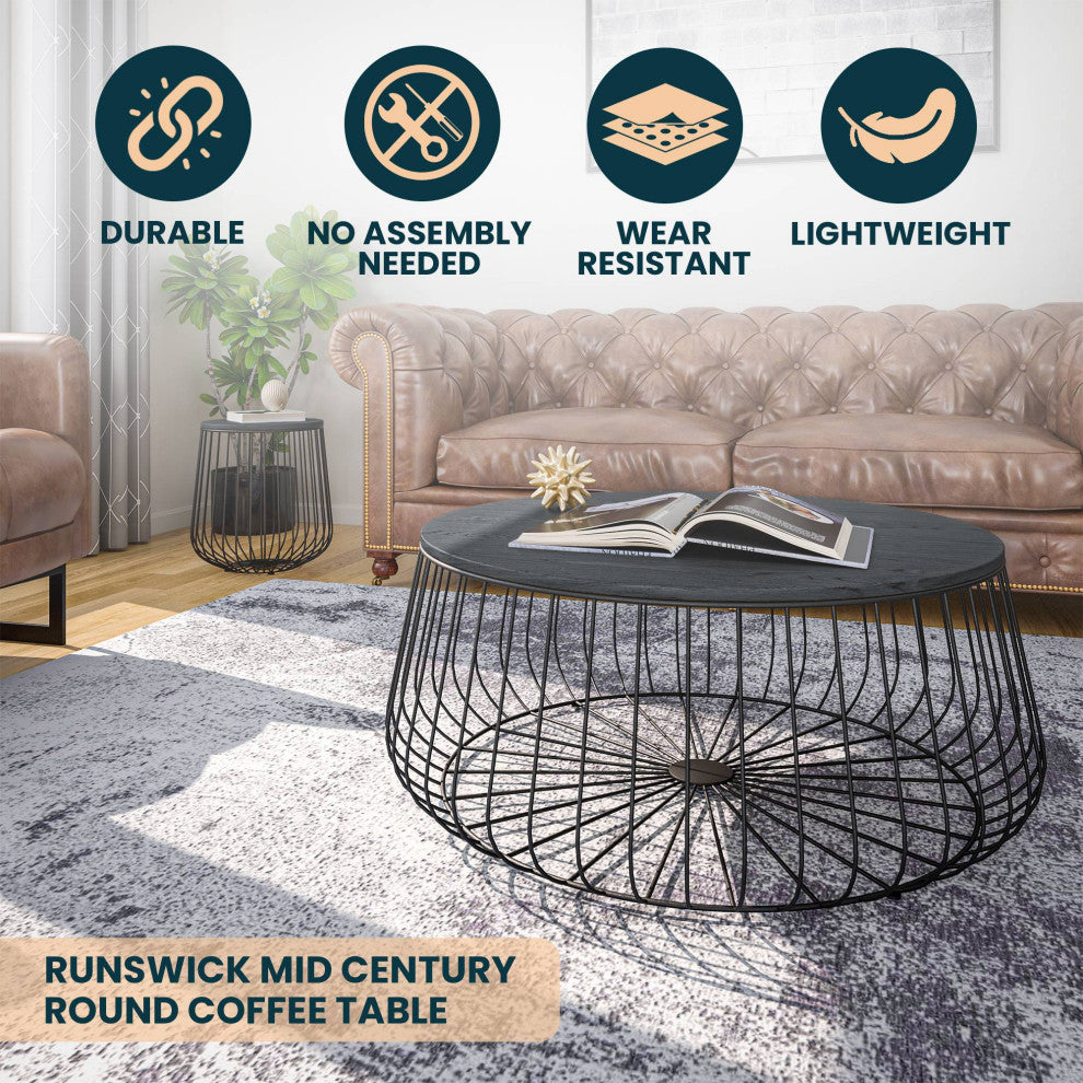 LeisureMod Runswick Round Coffee Table With Black Wire Steel Frame, Black