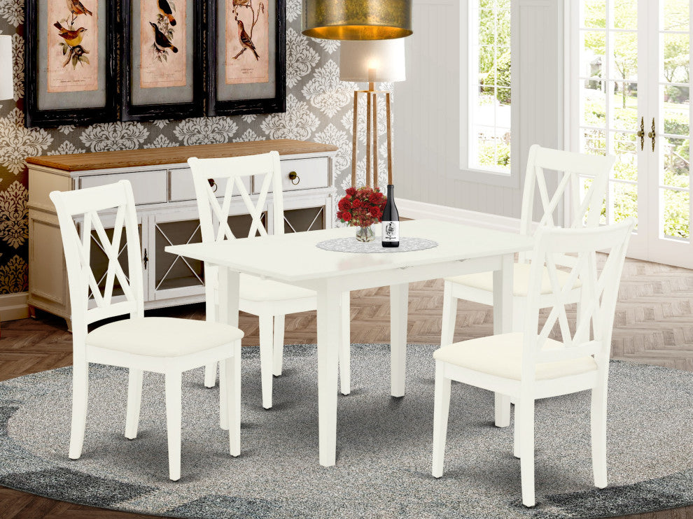 5-Pc Dinette Set 4 Dining Chairs, Butterfly Leaf Dining Table, Linen White