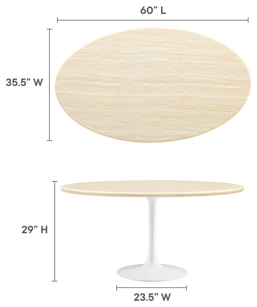 Lippa 60" Oval Artificial Travertine Dining Table, White Traventine