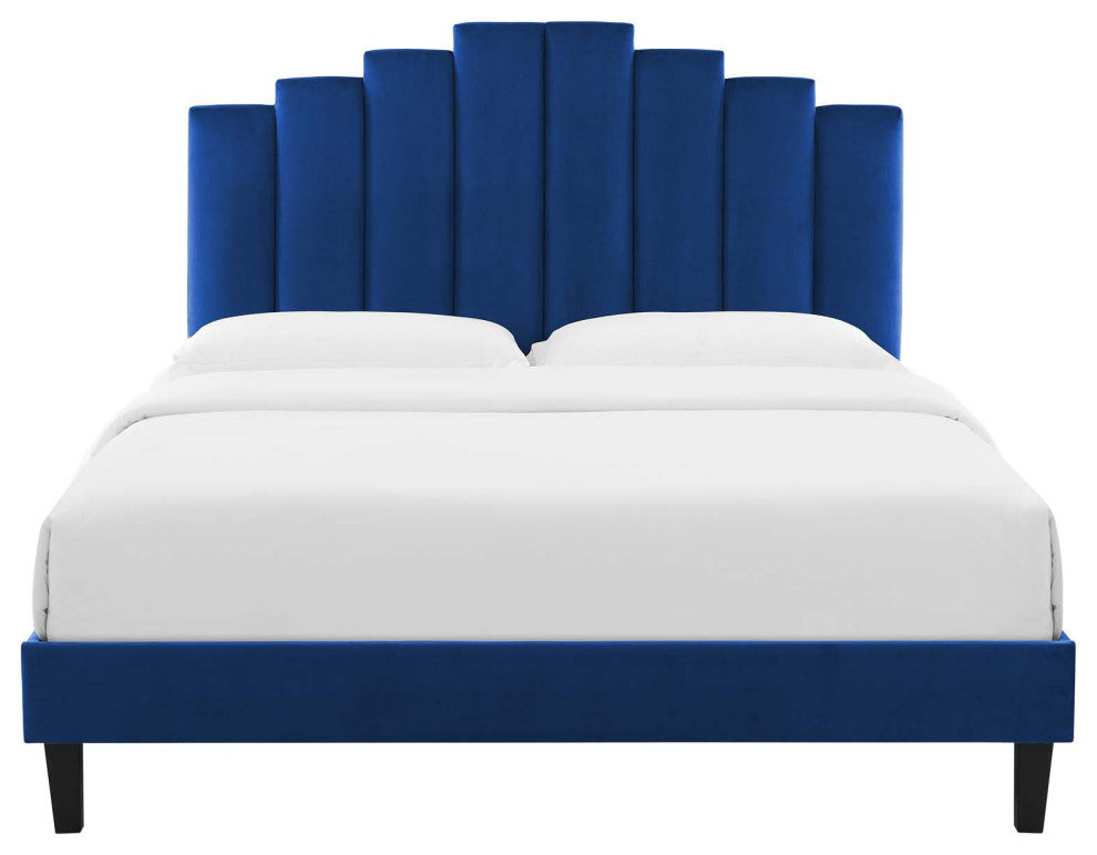 Platform Bed Frame, Queen Size, Velvet, Blue Navy, Modern Contemporary, Bedroom