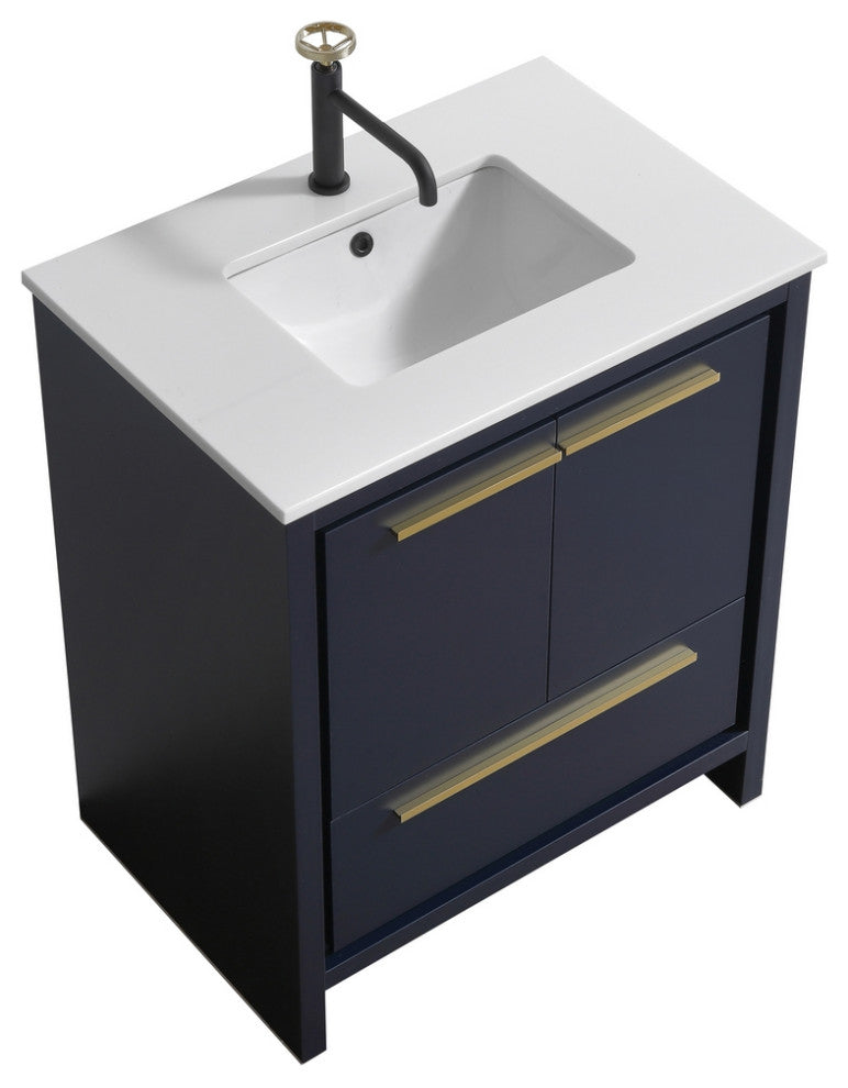 KubeBath Dolce 30" Bathroom Vanity, White Quartz Countertop, Blue