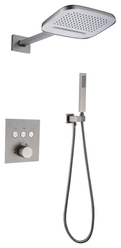 Thermostatic Rain Shower System with Hand Shower-Includes Rough-in Valve, Brushed Nickel