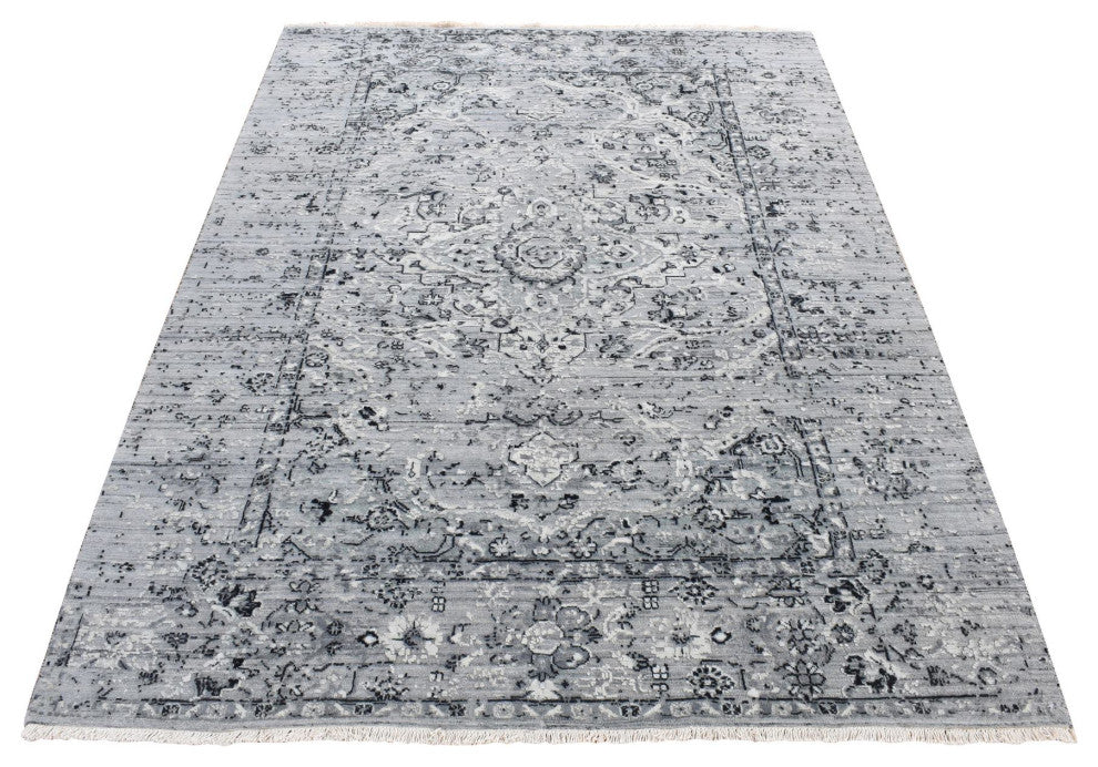 Black Coral Persian Design Silk and Wool Hand Knotted Oriental Rug, 5'1"x7'