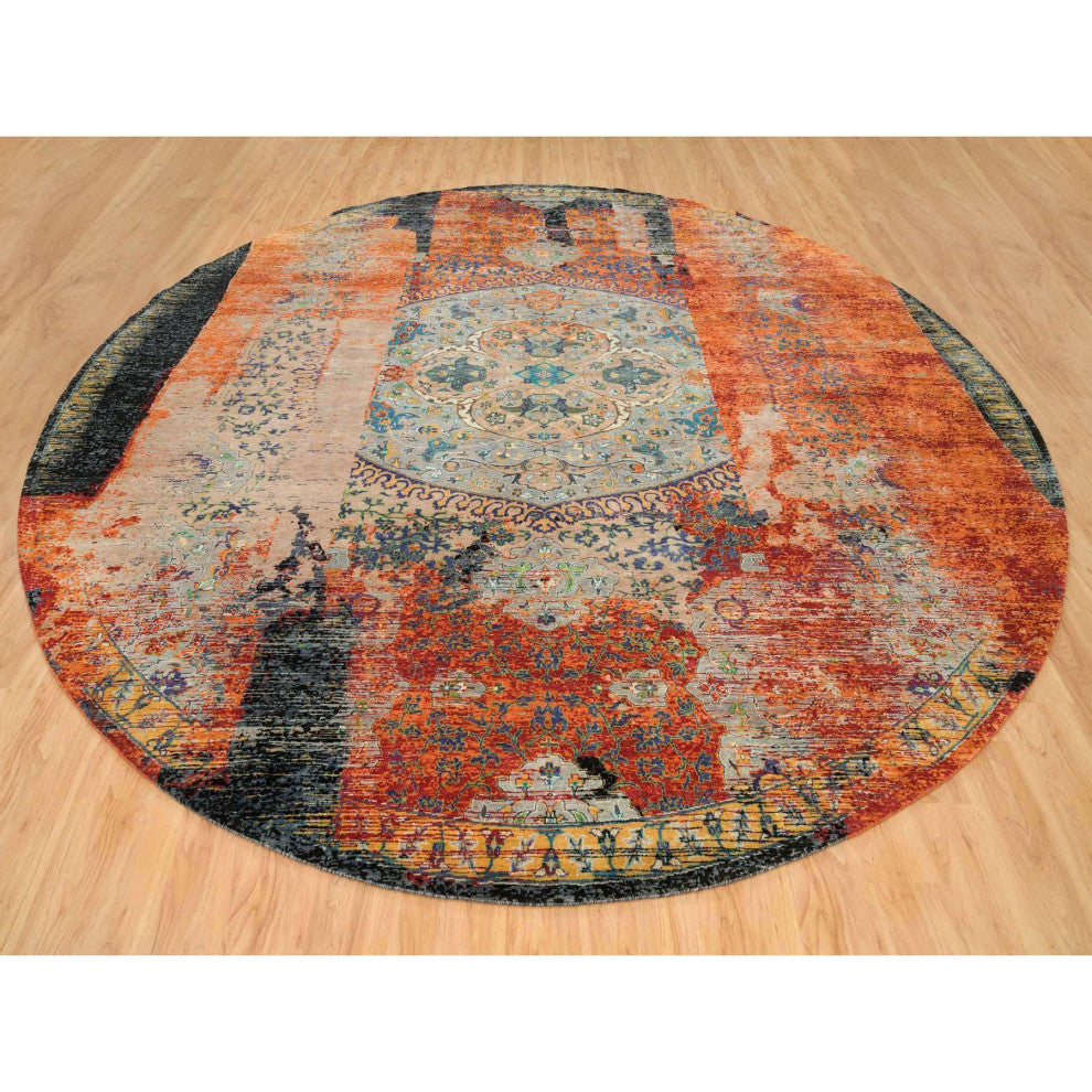 Orange Hand Knotted Ancient Ottoman Erased Design Wool Round Rug 14'x14'