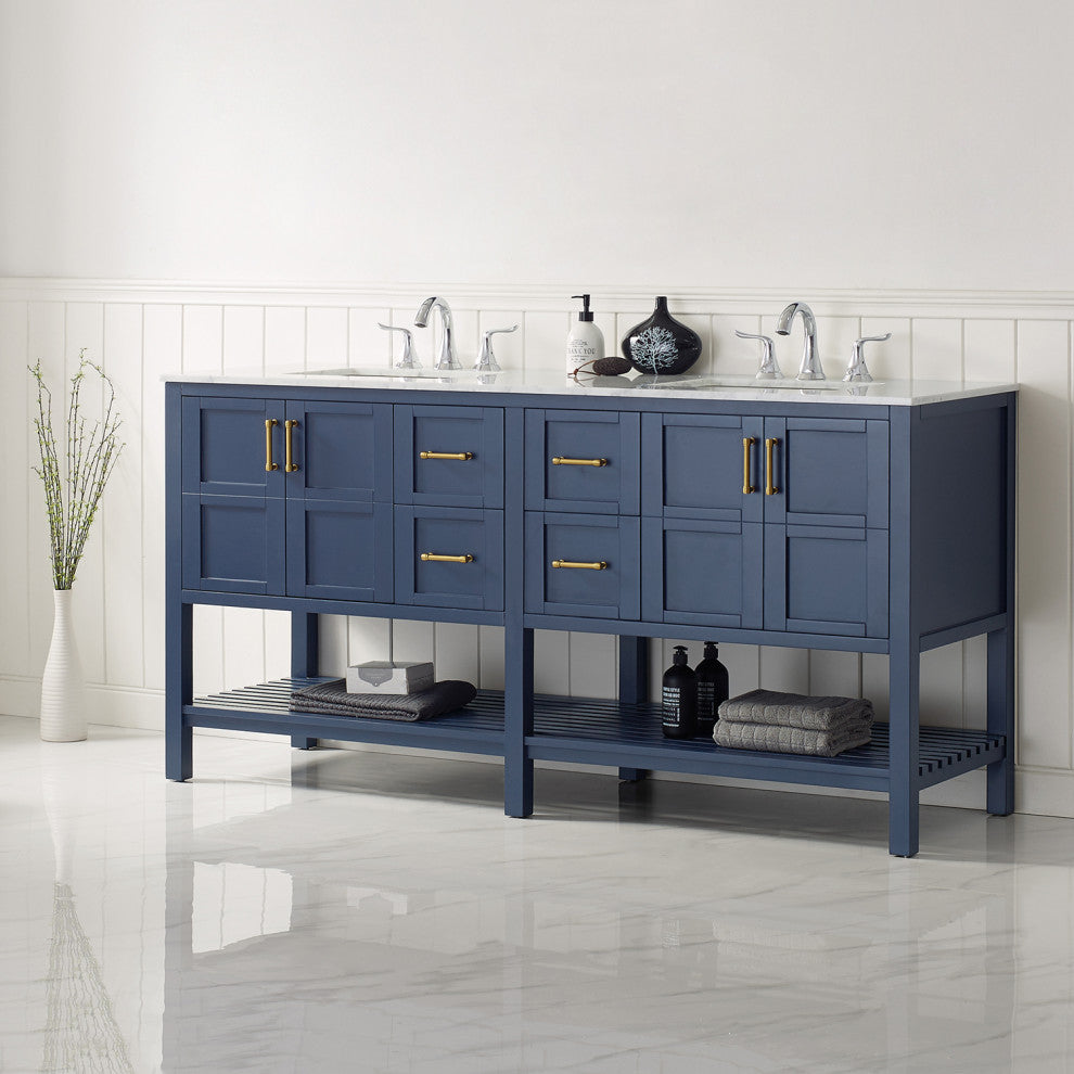 Vinnova Florence 72" Royal Blue Double Vanity W/ Carrara White Marble Countertop