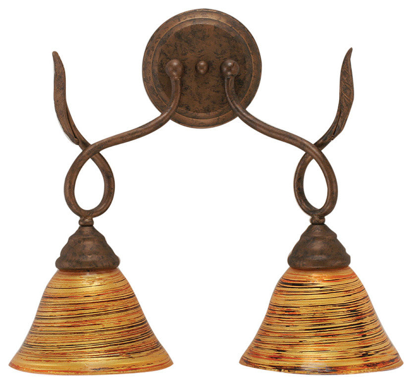 Leaf 2 Light Wall Sconce, Bronze, 7.5x7.5x14.5, 7" Fire Saturn Glass