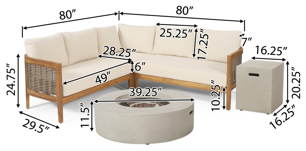 The Crowne Outdoor Acacia Wood and Round Wicker 5 Seater Sectional Sofa Chat Set, Teak/Mixed Brown/Beige/Light Gray
