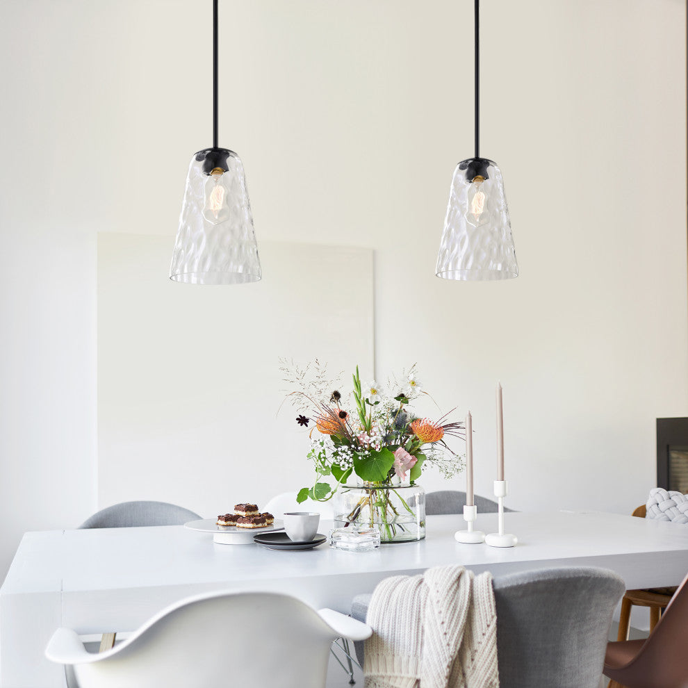 1-Light Matte Black 8 in. Mini Pendant With Hammered Glass Shade