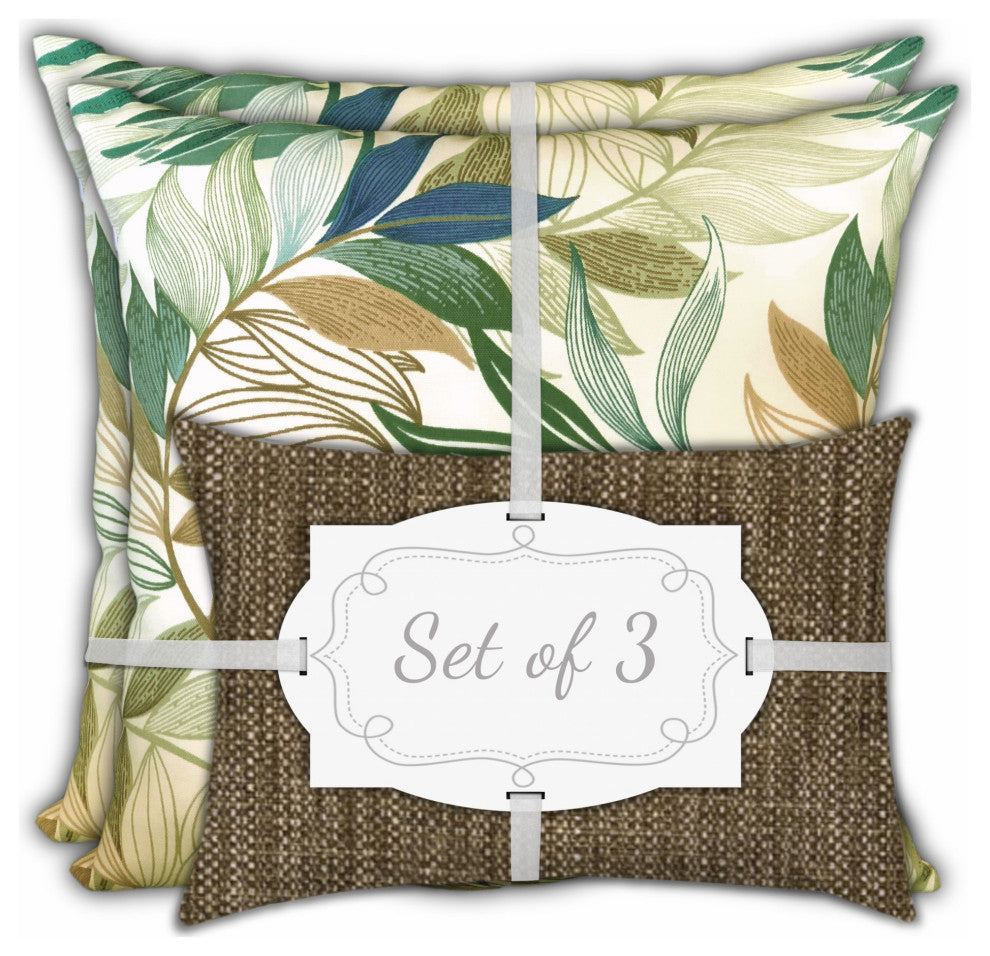 3-Piece Set Beige Tropical Leaves Indoor Outdoor Sewn Pillows