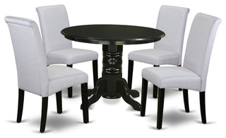 5Pc Small Round Table, Grayish Blue Fabric Parson Chairs, Black Chair Legs