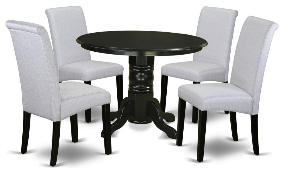 5Pc Small Round Table, Grayish Blue Fabric Parson Chairs, Black Chair Legs