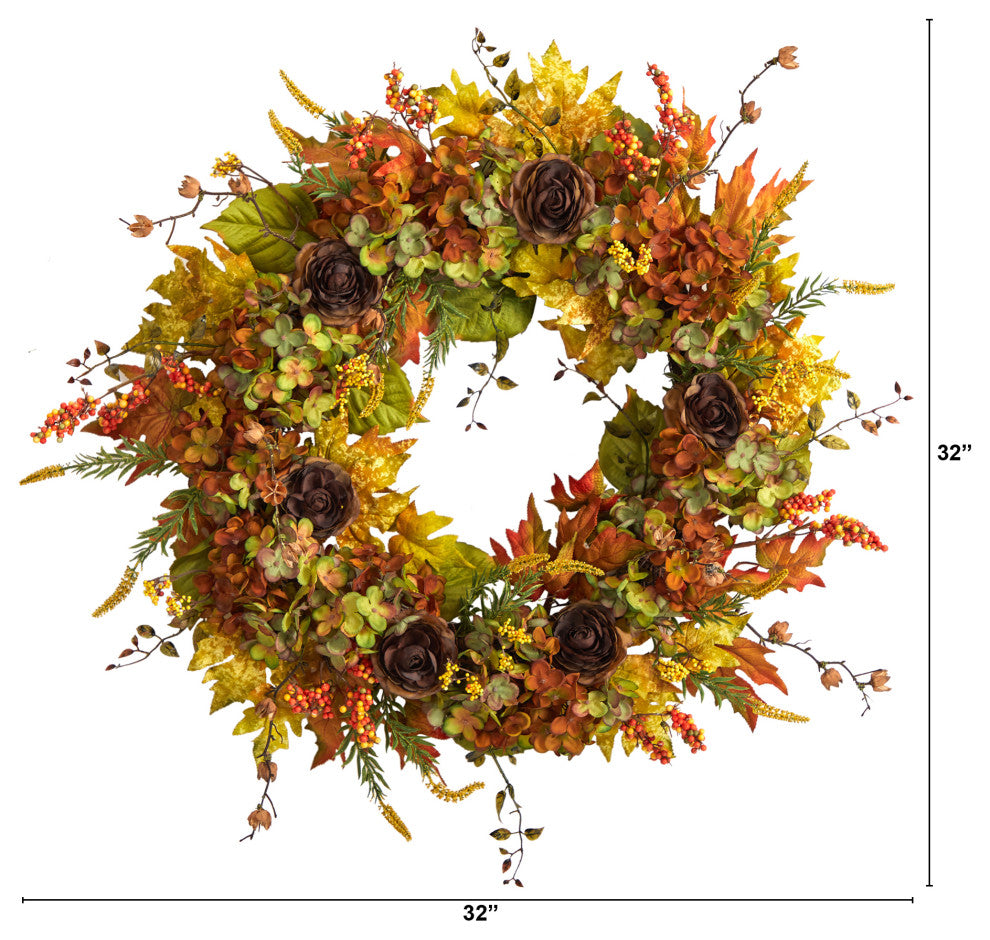 W1239 32 Fall Hydrangea, Ranunculus and Maple Leaf Autumn Artificial Wreath