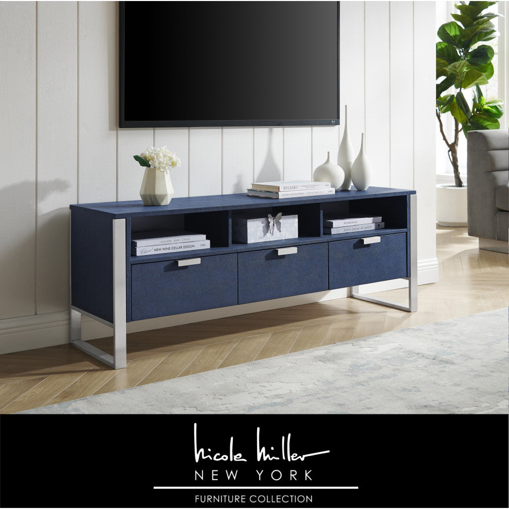 Nicole Miller Chayton TV Stand, Faux Shagreen 55Lx16Wx20.7H, Navy/Chrome