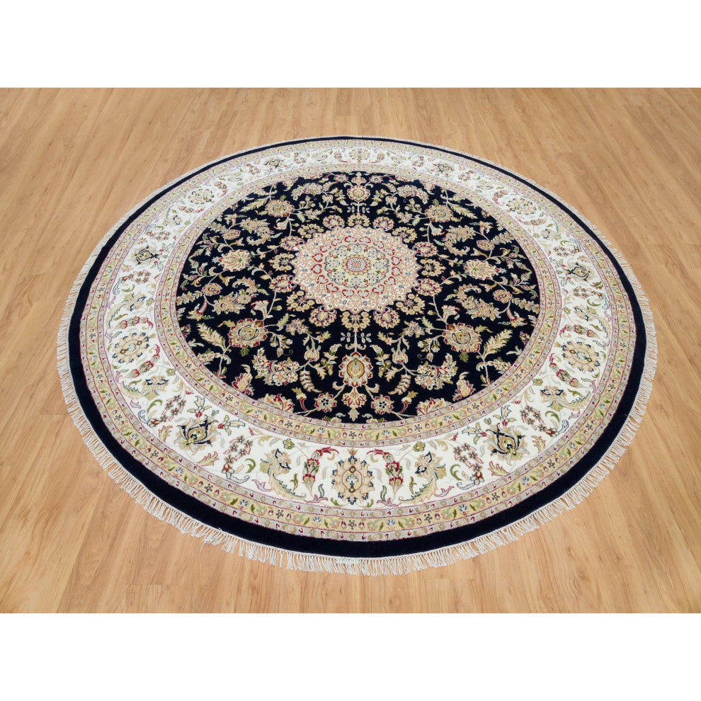 Blue 250 KPSI Extra Soft Wool Hand Knotted Nain Design Round Rug 9'10"x9'10"