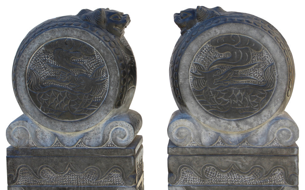 Chinese Pair Gray Black Stone Fengshui Foo Dogs Door Block Drum Statue Hcs4769