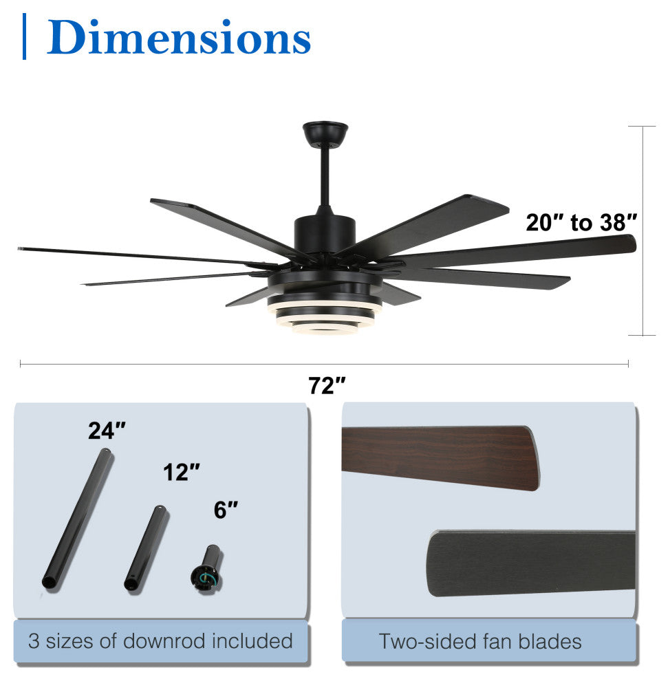 72" Modern 8 Wood Blades Large Ceiling Fan w LED Light, Black